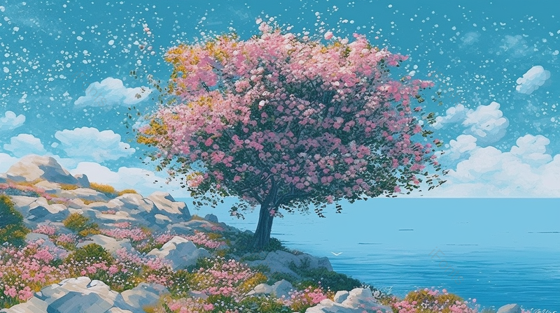 唯美繁花满树海边文艺插画风景背景手绘,插画/手绘图,插画/手绘图库,插画/手绘图下载,插画/手绘